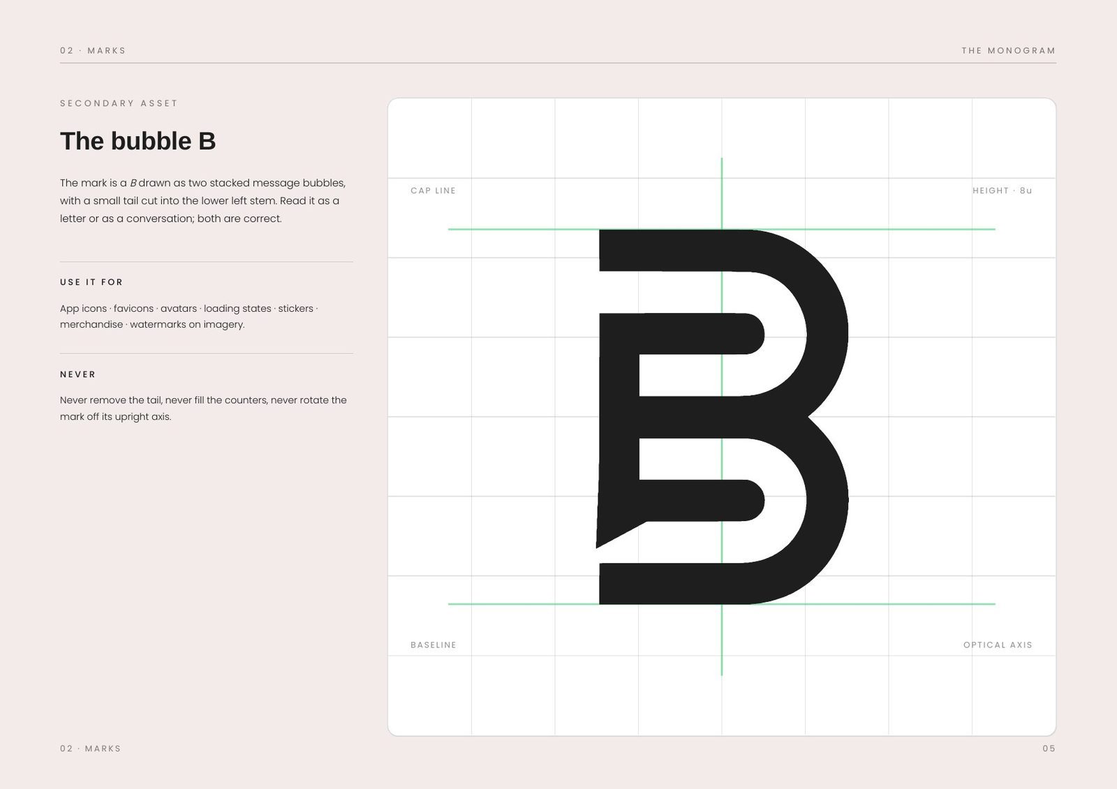 The bubble B monogram, constructed on a grid