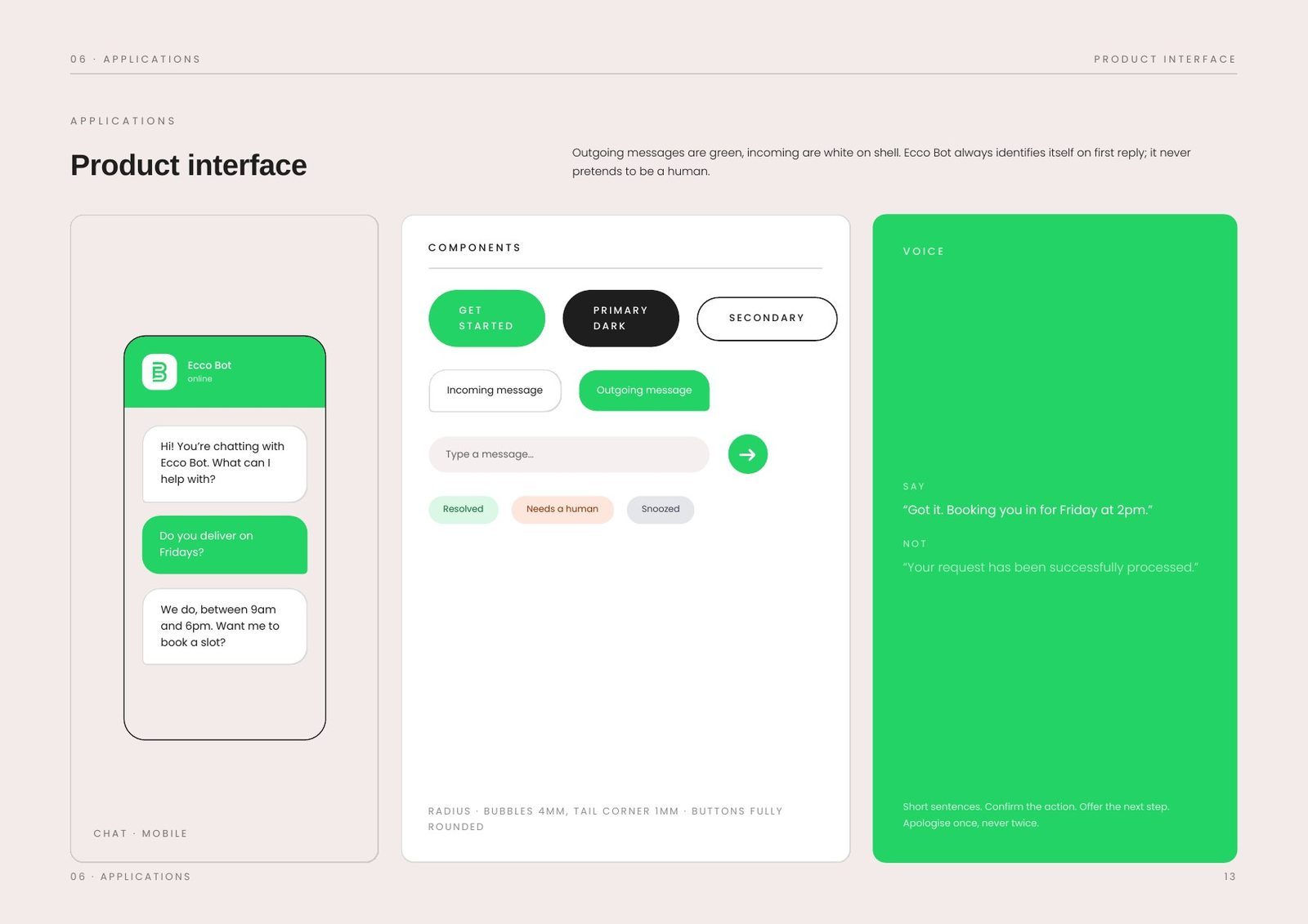 Product interface — chat, components and tone