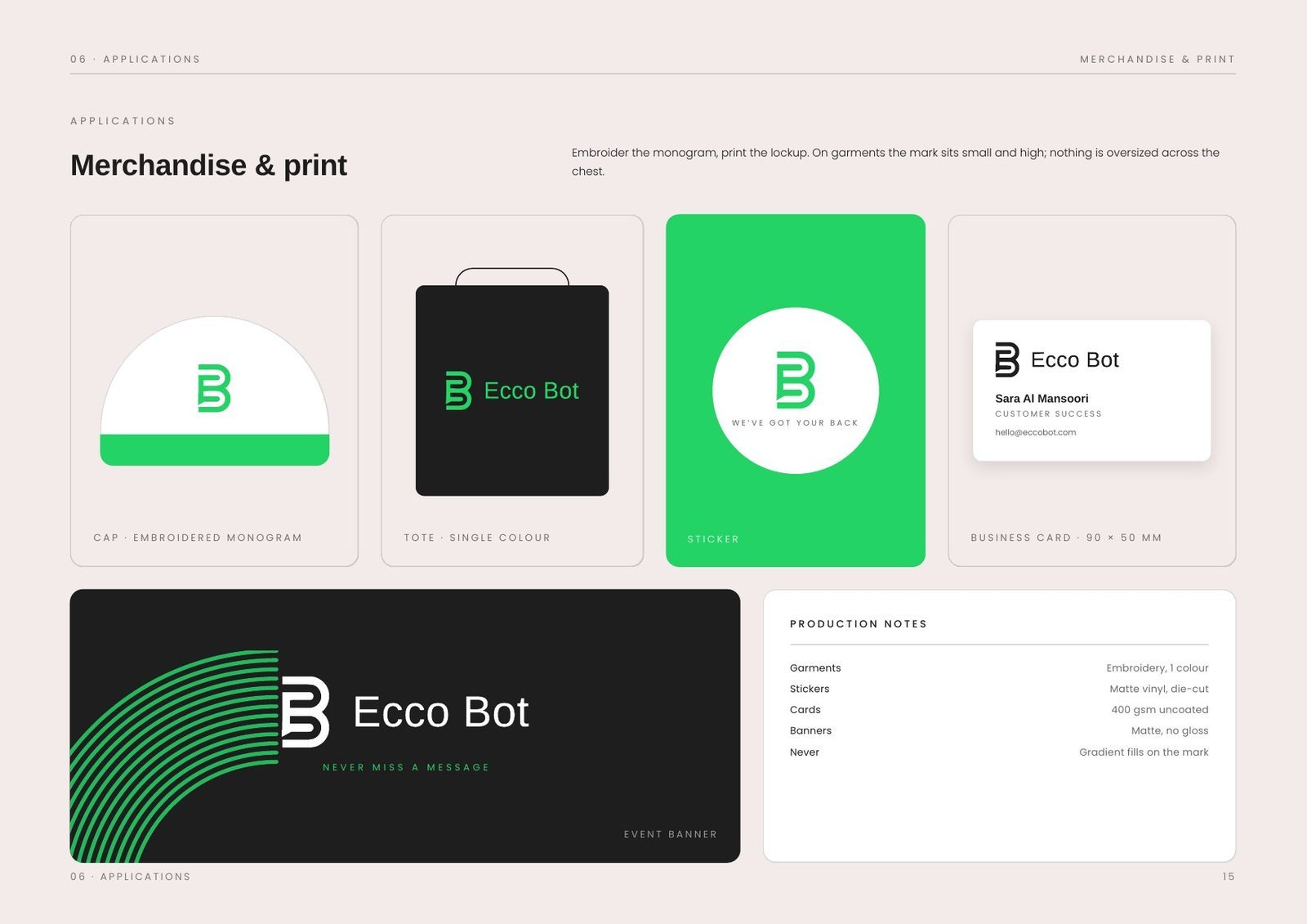 Merchandise and print — cap, tote, stickers and business card
