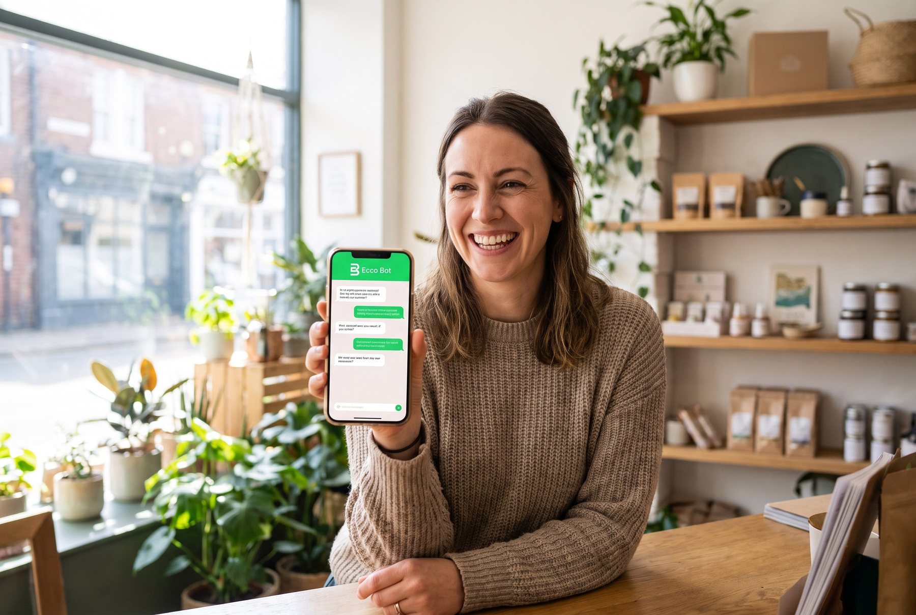 A shop owner holding a phone showing an Ecco Bot conversation