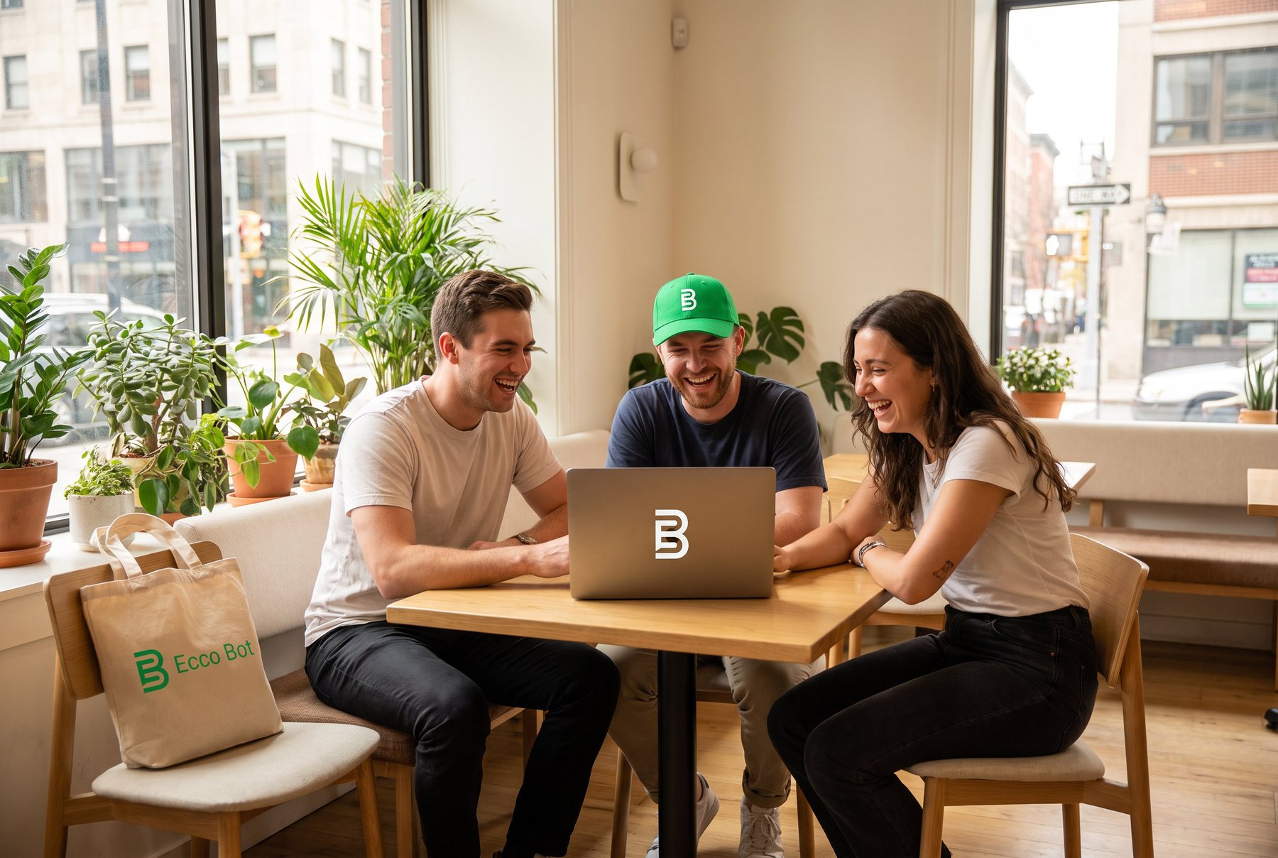 A small team working together at a cafe table with Ecco Bot on the laptop