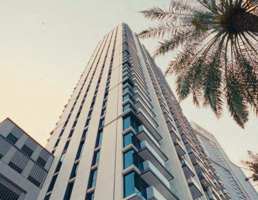 Tower and palm, shot from below