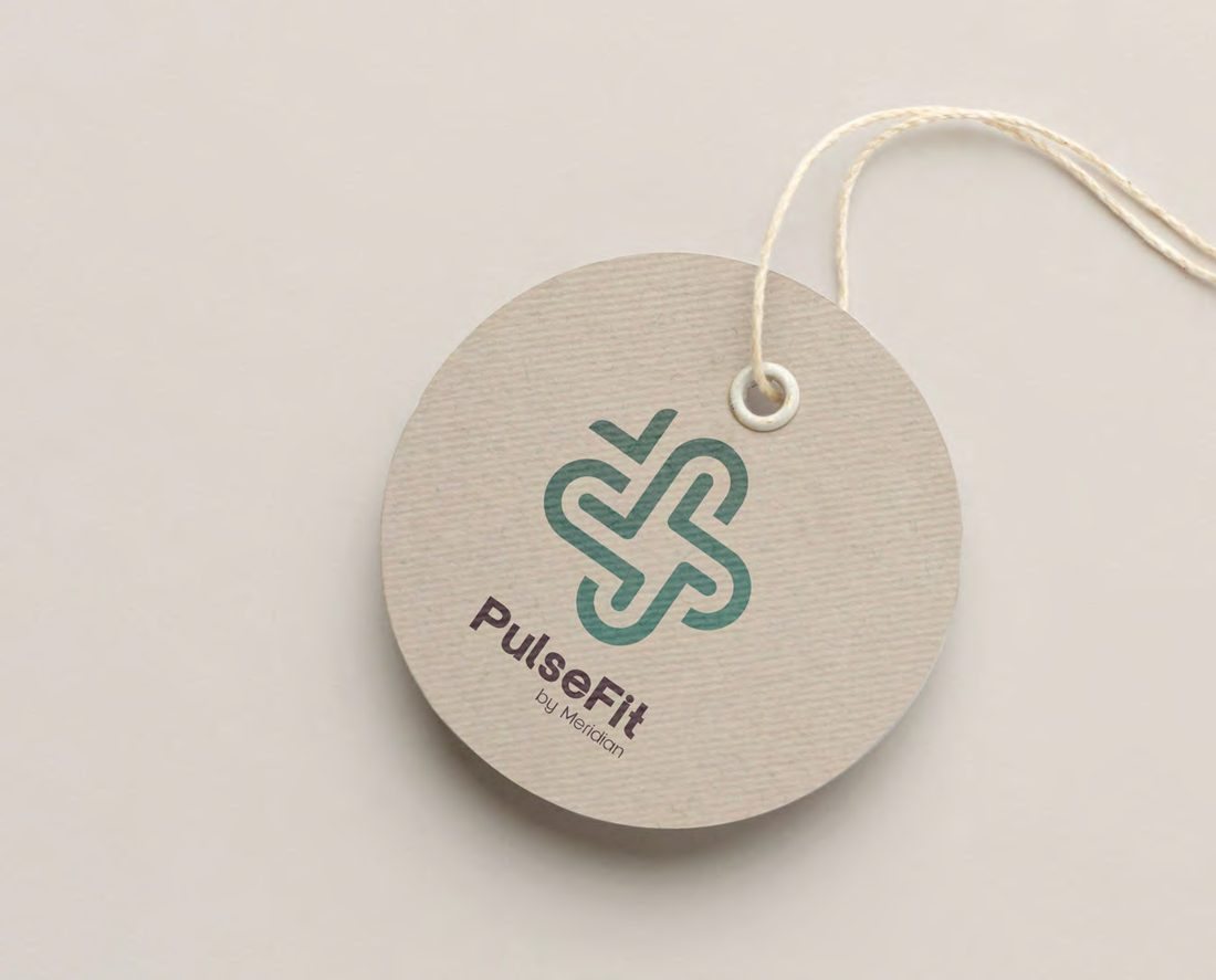 PulseFit swing tag in uncoated board with the symbol debossed and a rope tie