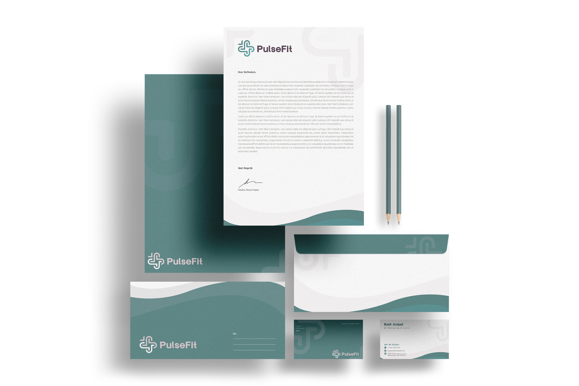 PulseFit stationery — letterhead, folder, business cards and notebook in teal