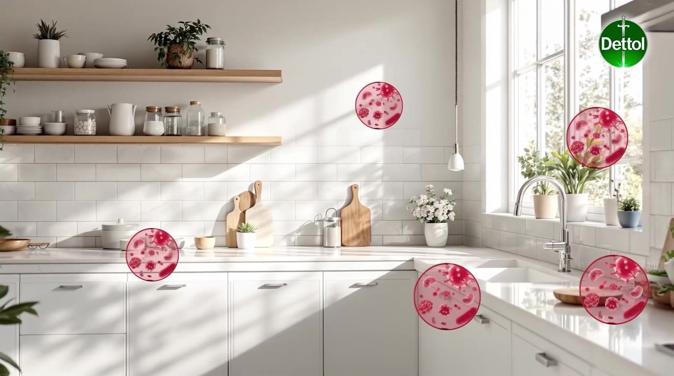 A frame from one of our AI ad films: a bright kitchen in a Dettol hygiene film