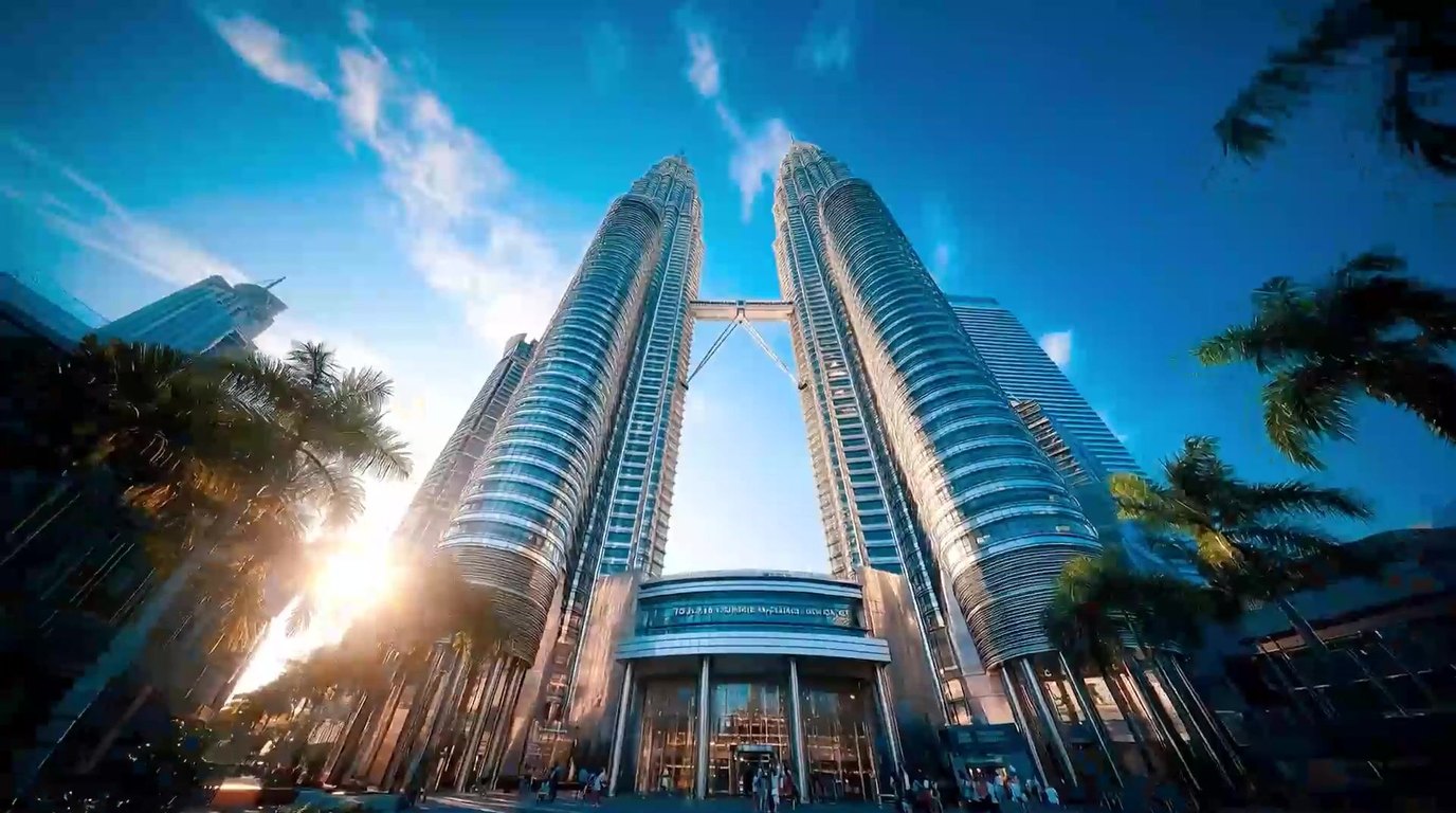 A frame from one of our AI ad films: twin glass towers against a blue sky