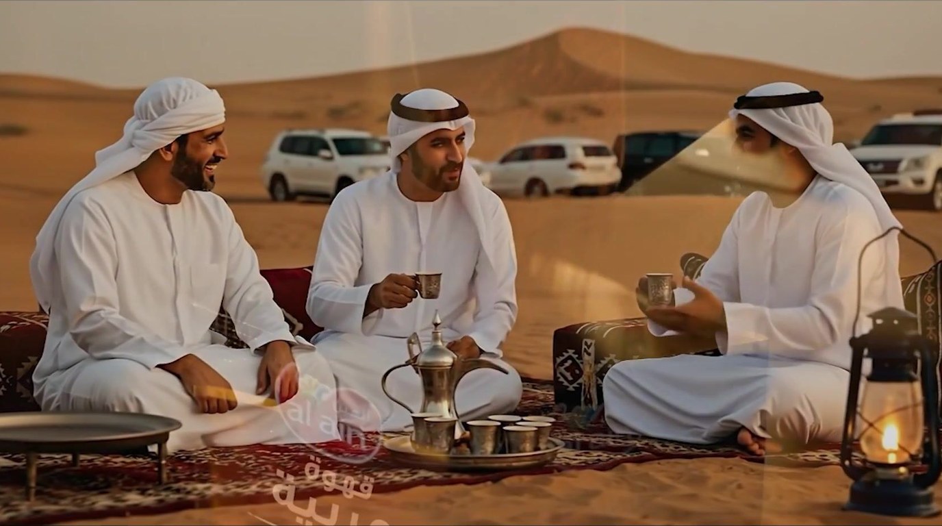 A frame from one of our AI ad films: three men in white sharing coffee on a rug in the desert at golden hour