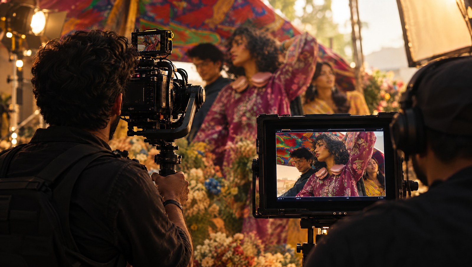 A camera operator and a director monitor on a fashion brand film set
