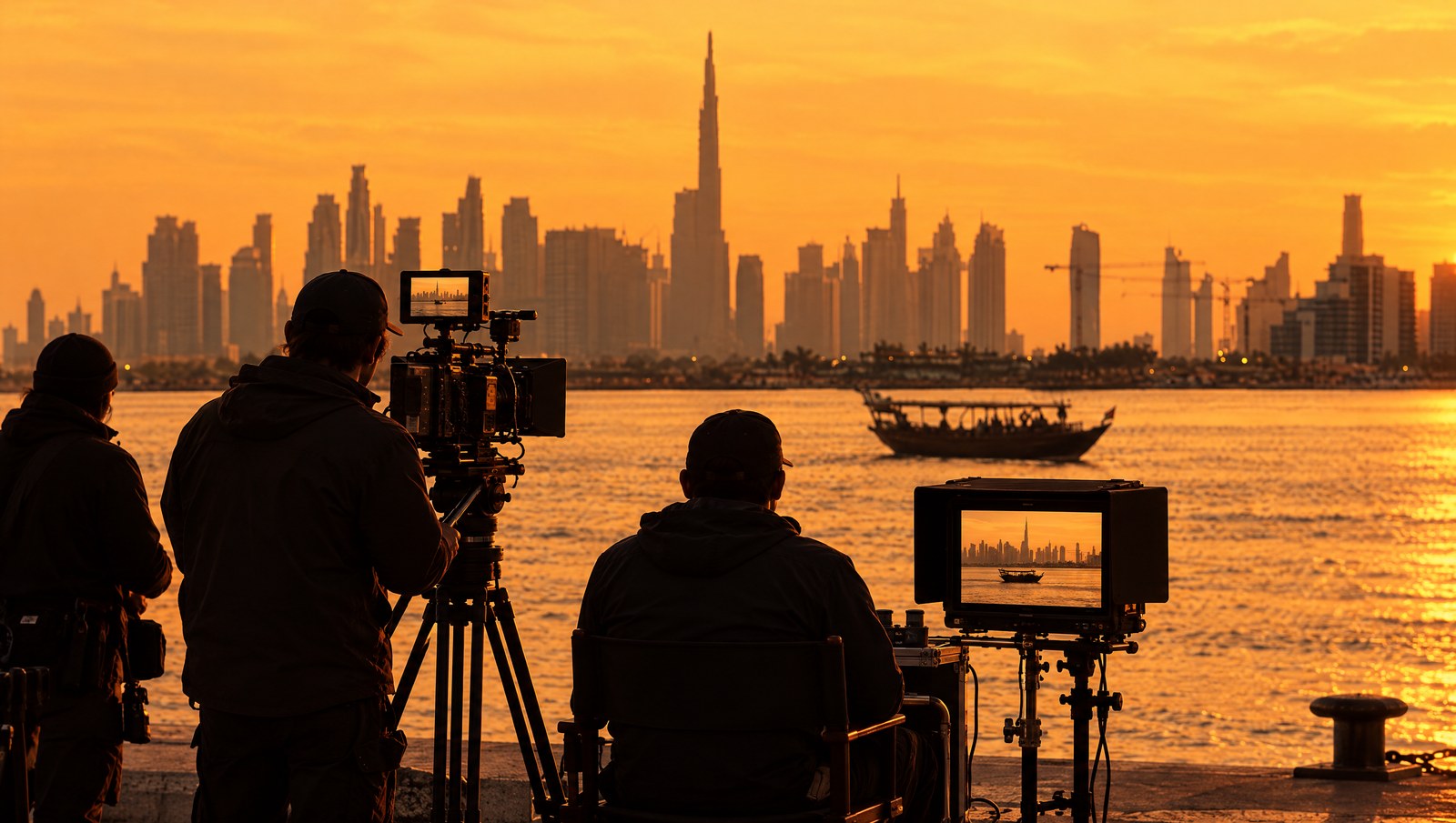 طاقم تصوير بكاميرا سينمائية وشاشة مراقبة يصوّر على خور دبي عند الغروب