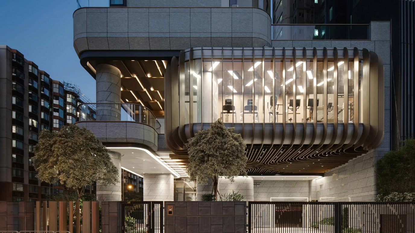 A residential development facade at dusk, a frame from our LWK + Partners property film