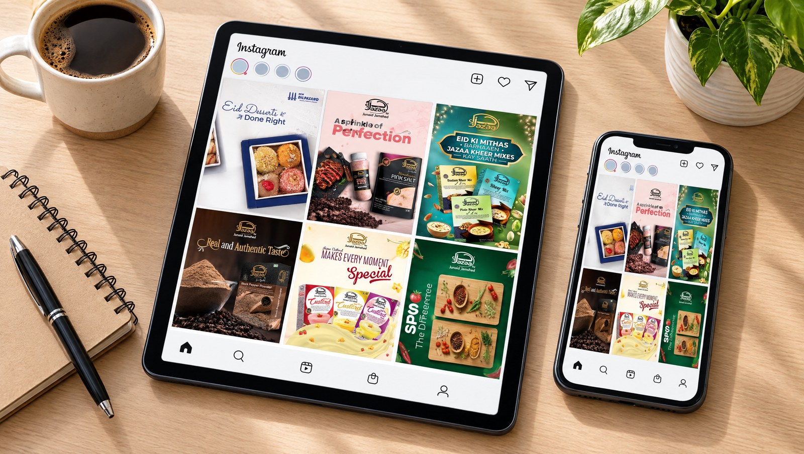 Six of our food brand social posts shown on a tablet and a phone on a studio desk