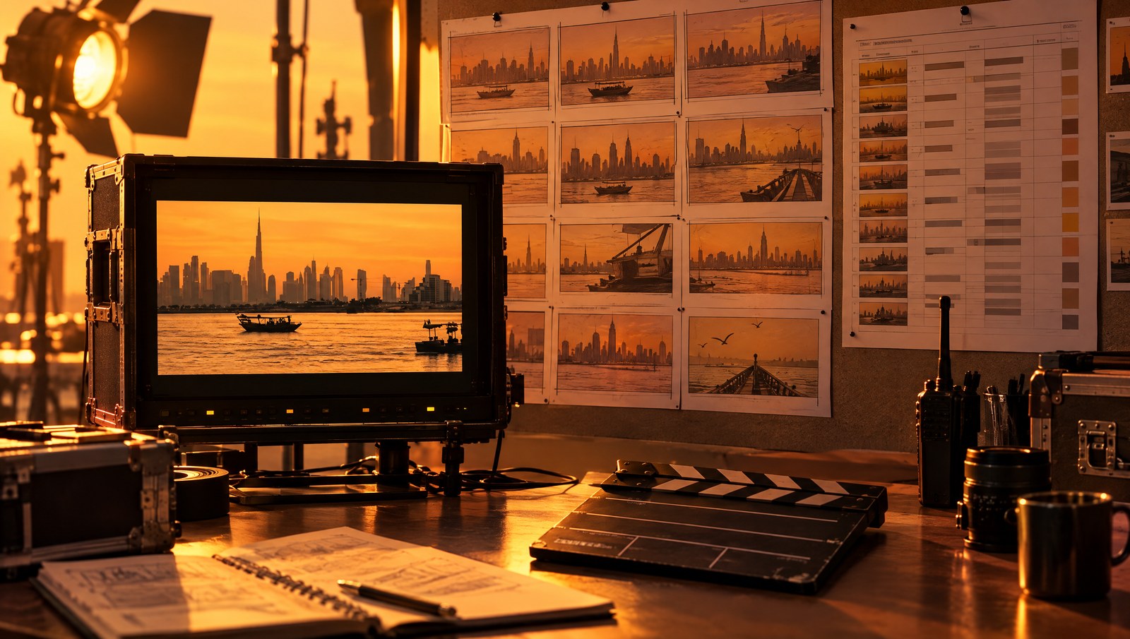 A director monitor, storyboard frames and a clapperboard on a commercial production desk