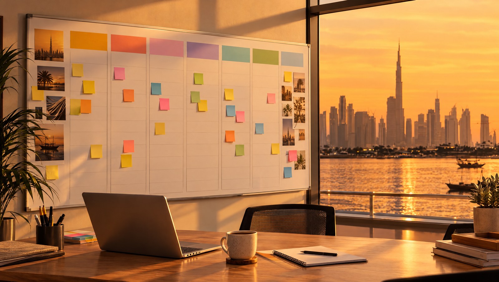 A marketing planning wall in a studio with the Dubai skyline in the window at golden hour