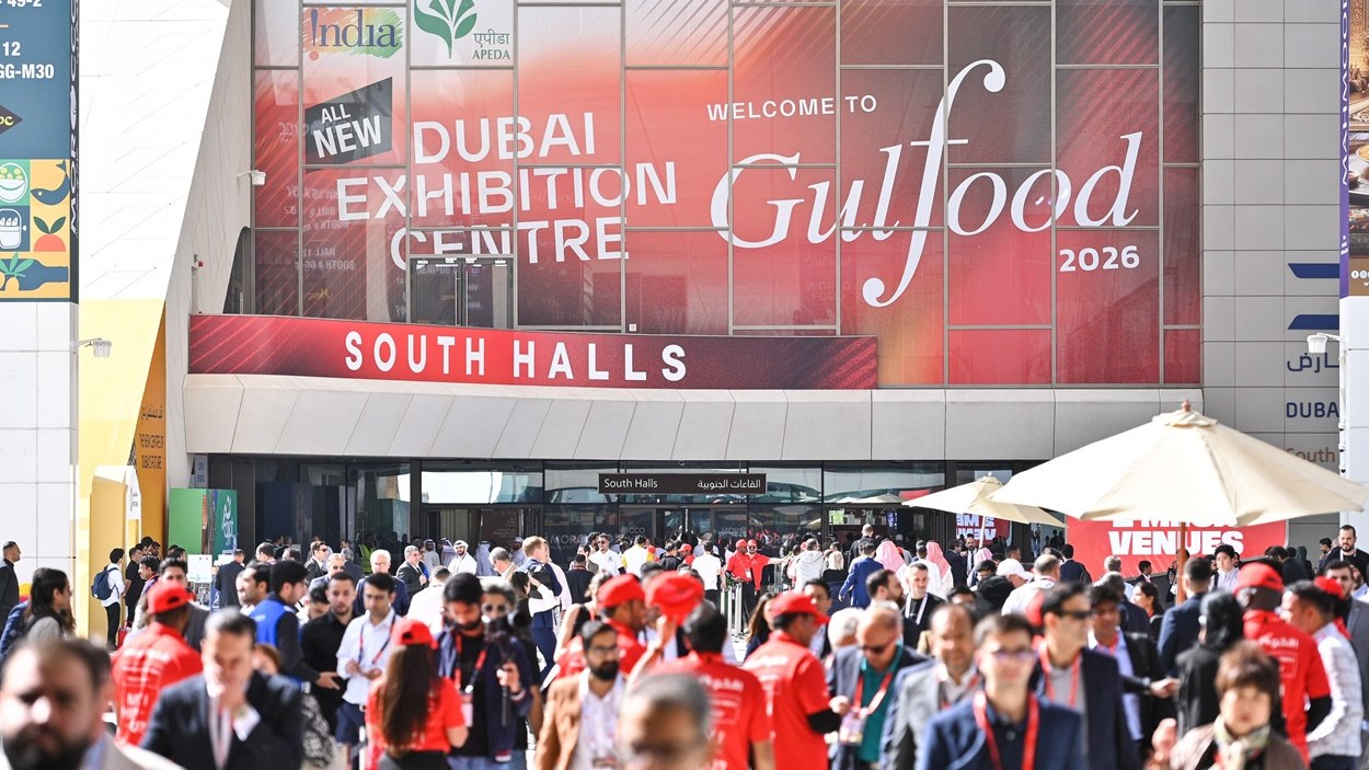 The South Halls entrance at Gulfood 2026, Dubai Exhibition Centre, with visitors streaming in under the welcome banner