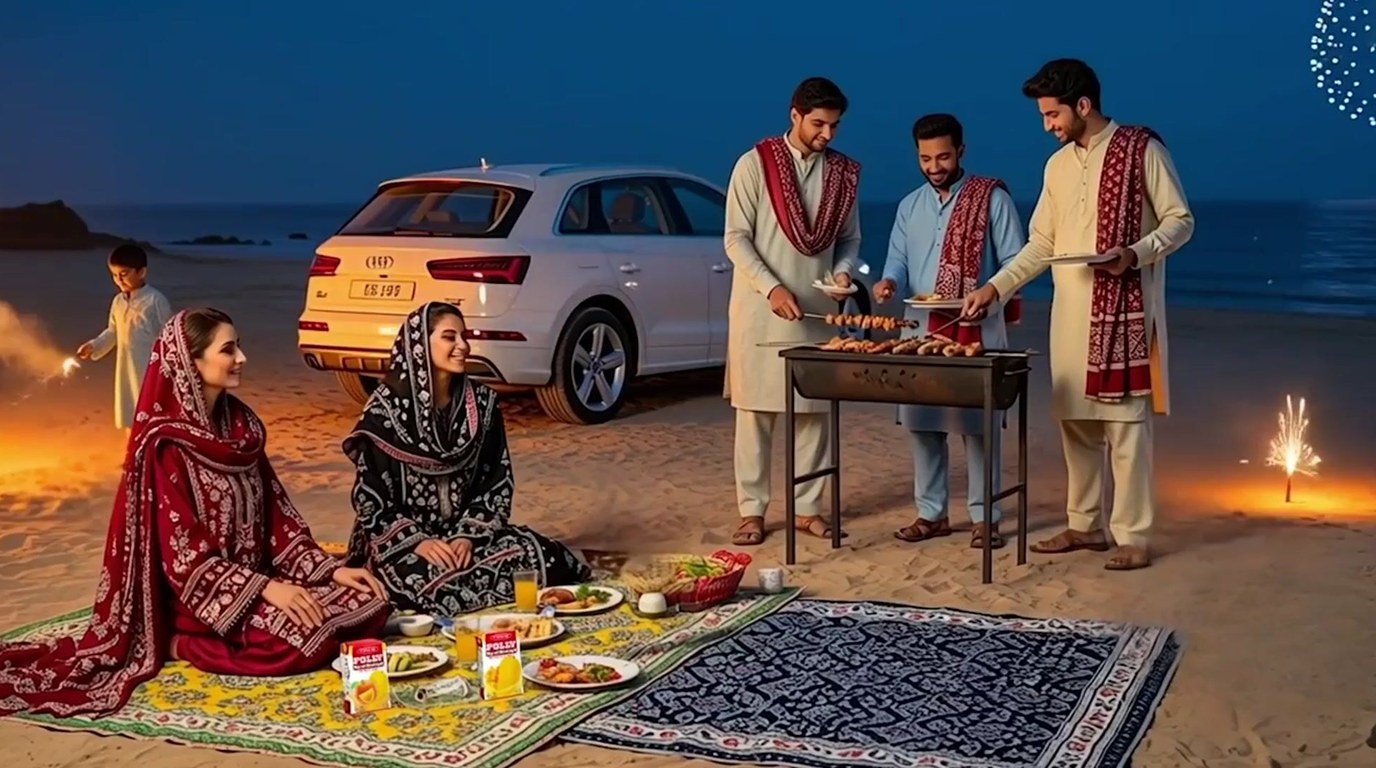 A frame from one of our AI ad films: friends gathered on a beach at dusk around a car and a picnic