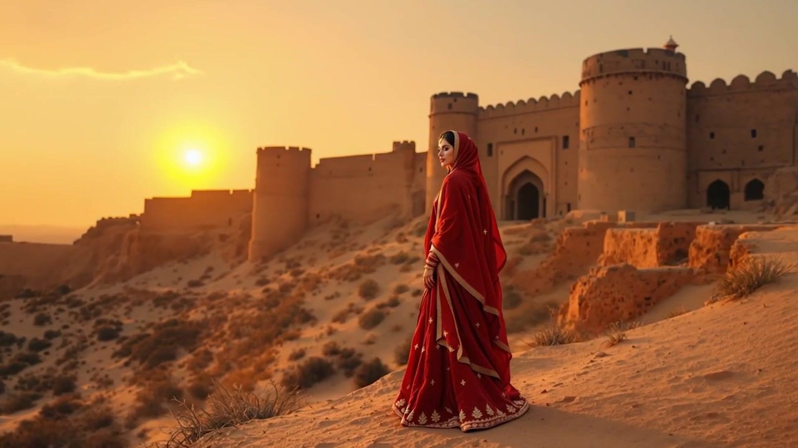 A frame from one of our AI ad films: a woman in a red sari before a desert fort at sunset