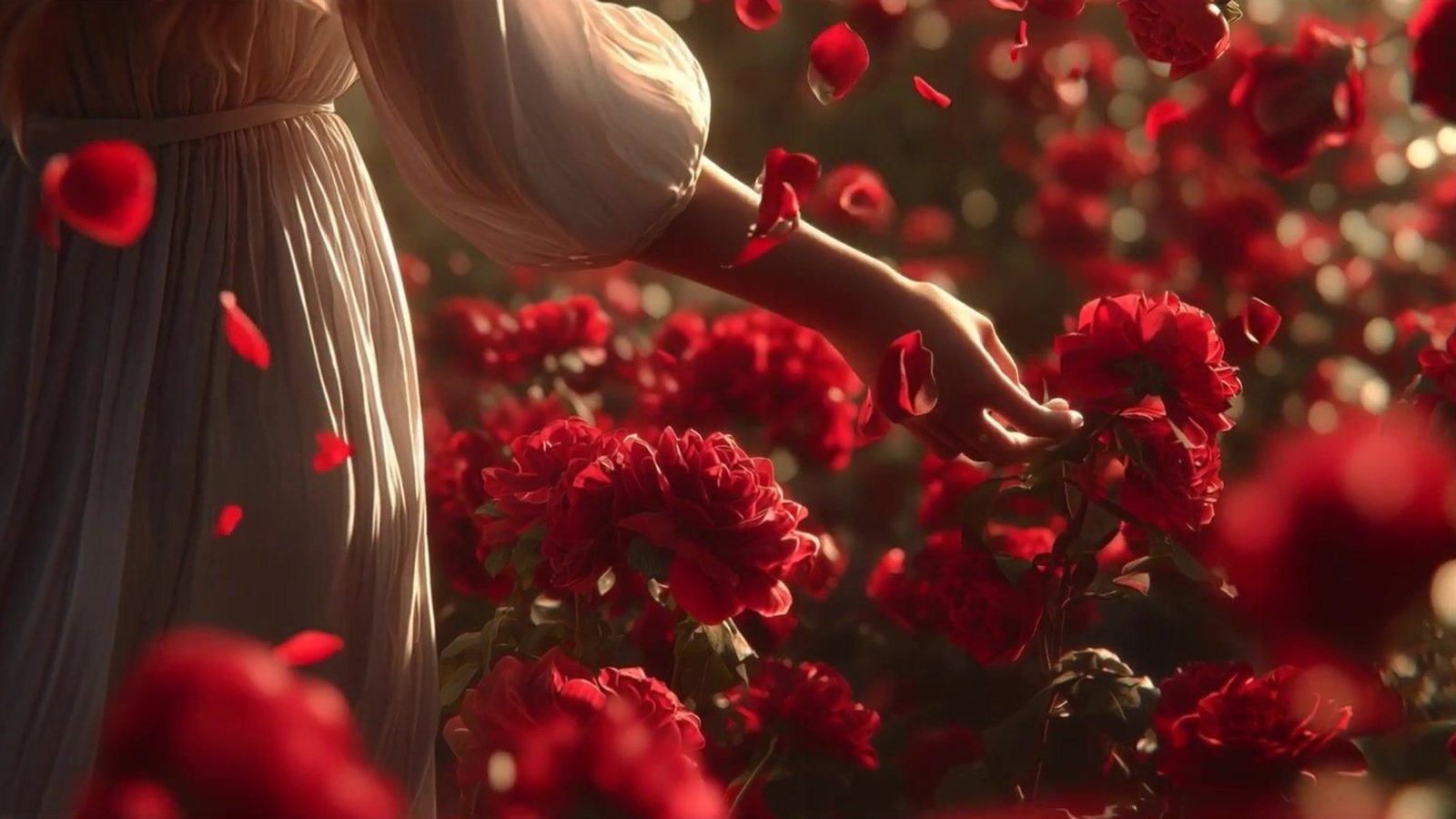 A frame from one of our AI ad films: a woman among red rose petals in the air