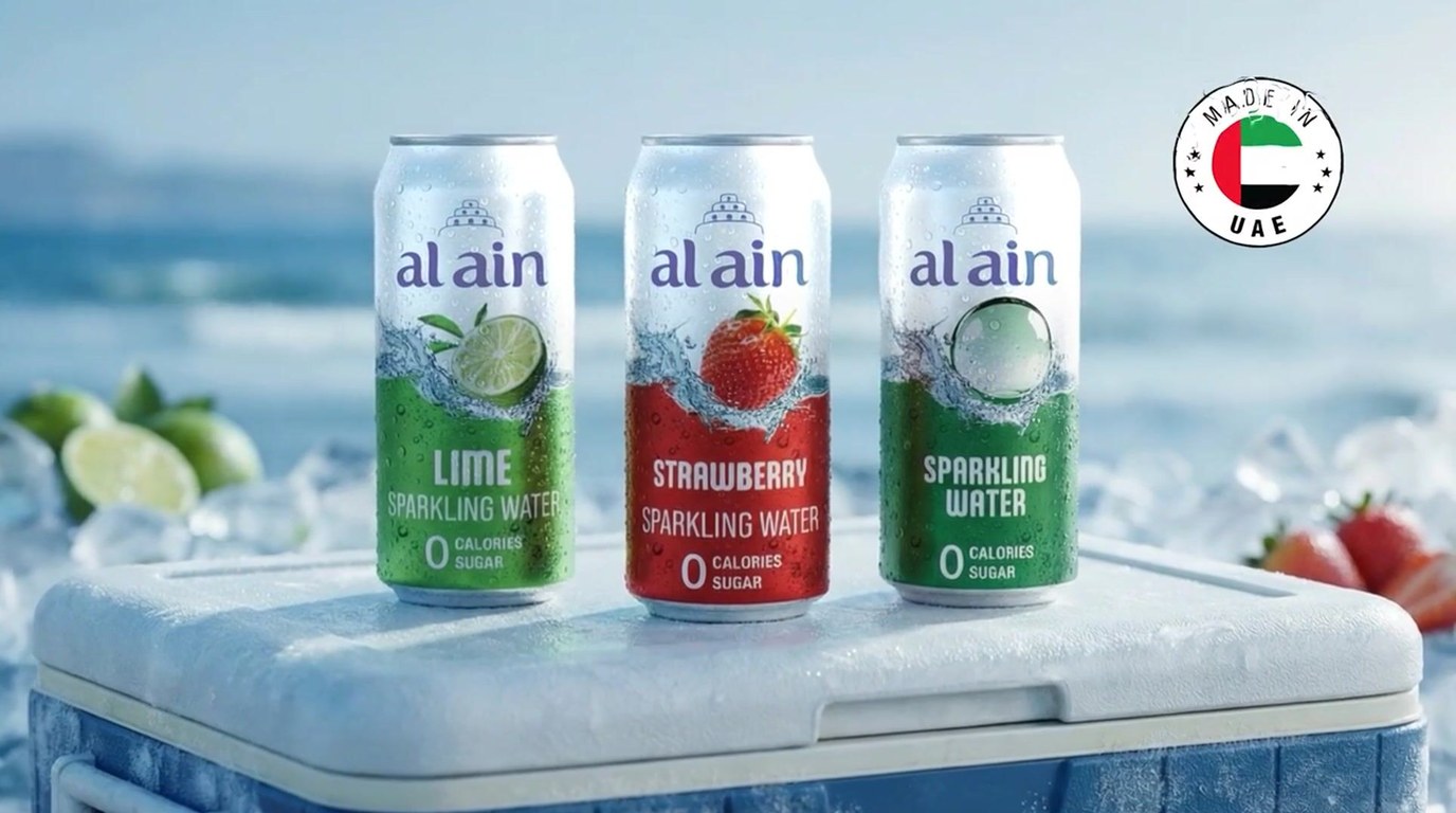 A frame from one of our AI ad films: three Al Ain sparkling water cans on ice with lime and strawberries