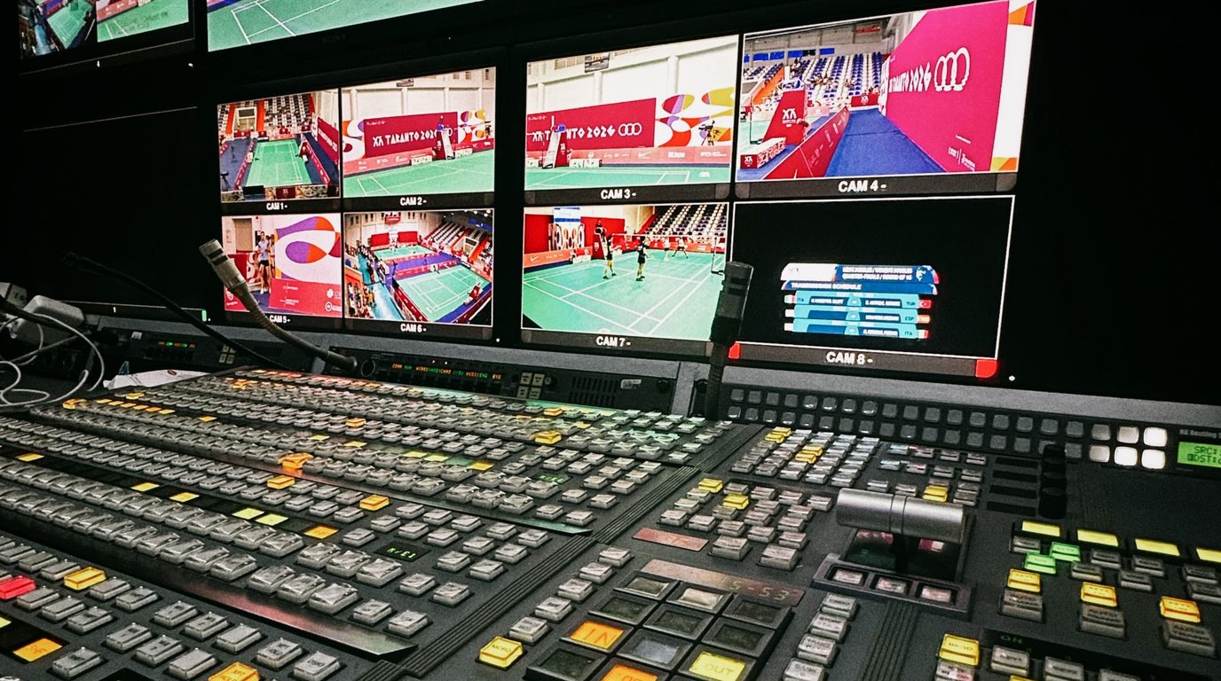 Stock photo: a wall of monitors showing live event feeds above a broadcast switcher desk