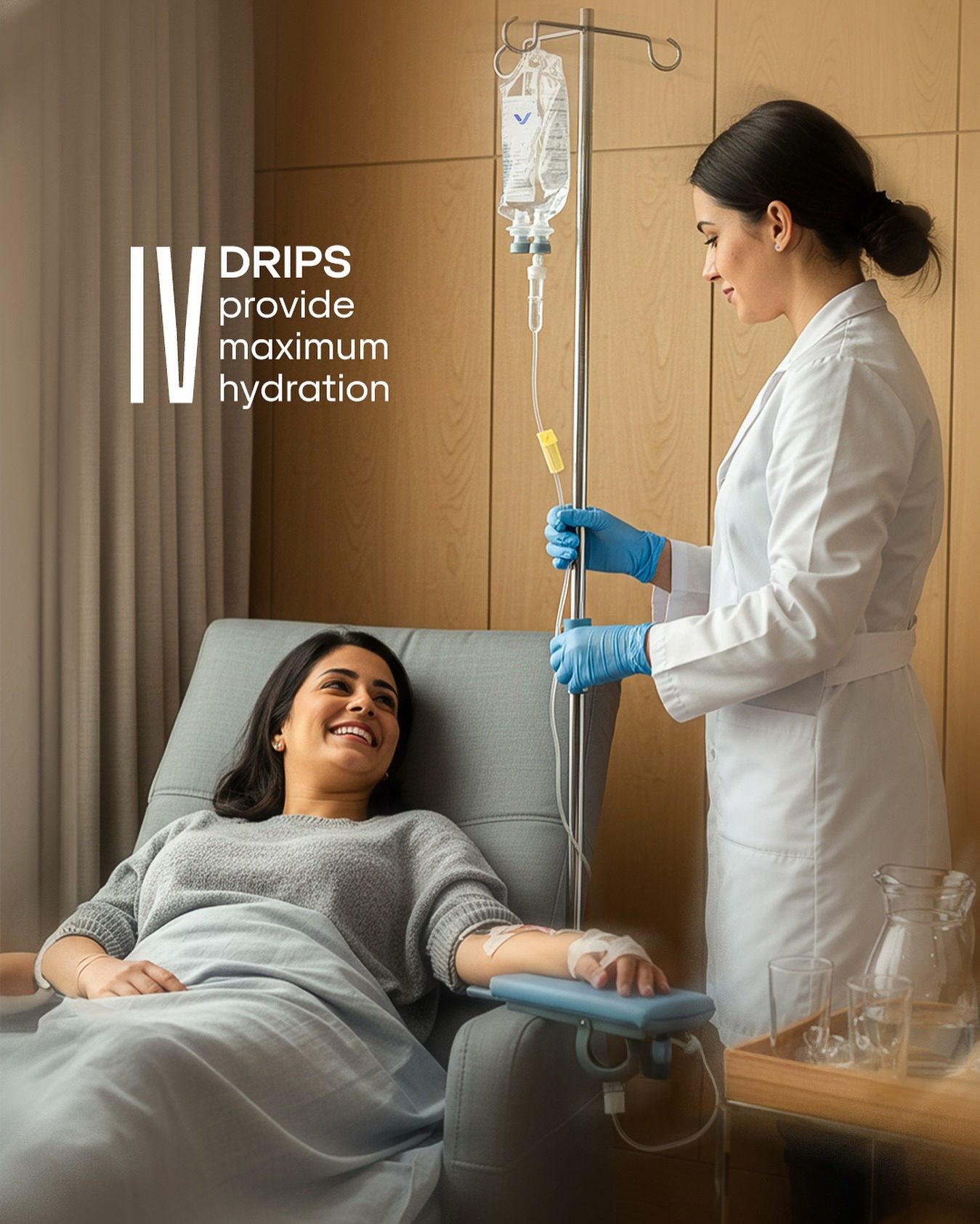 An aesthetic clinic social creative: a woman receiving an IV drip